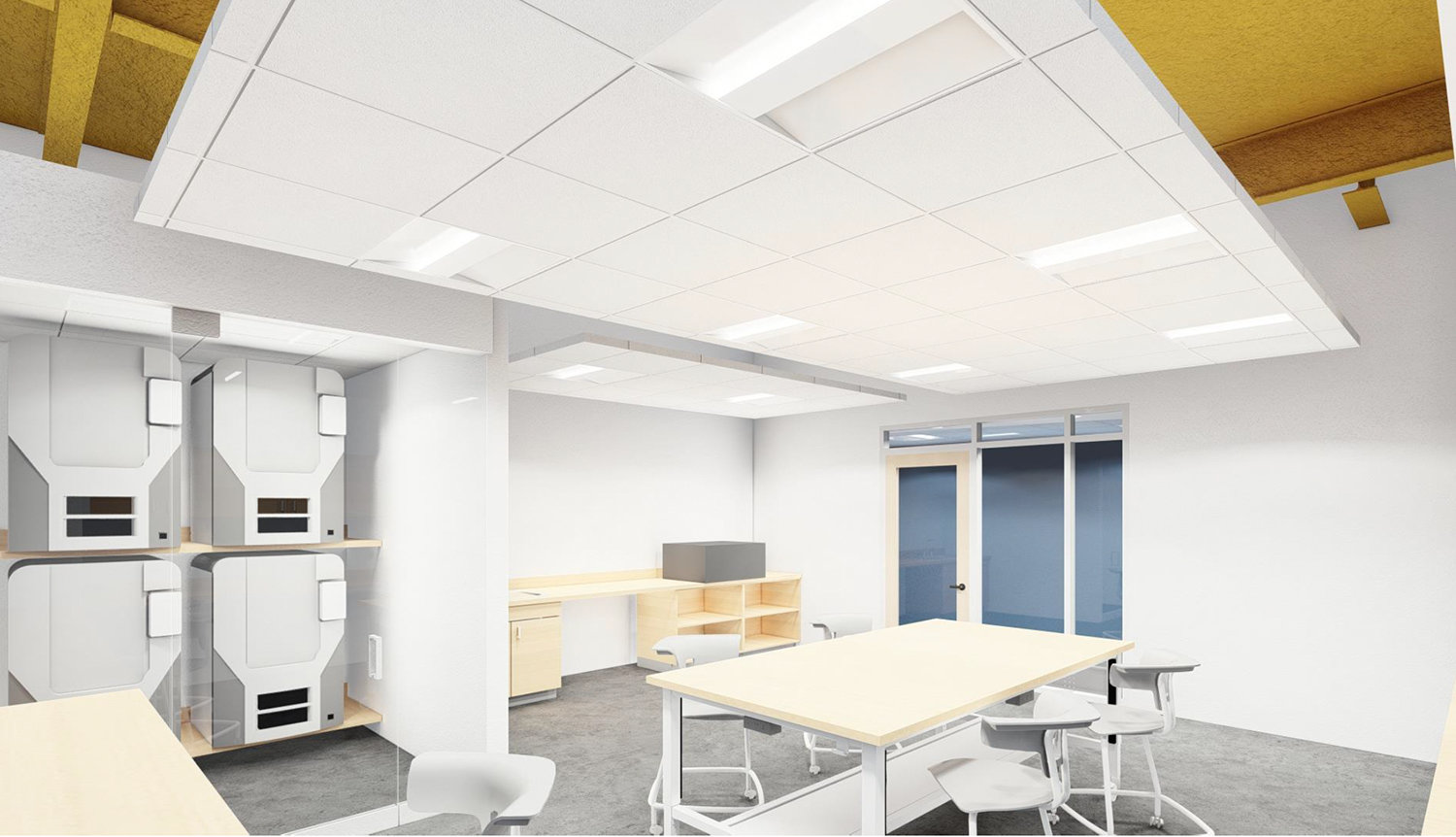 An engineered rendering of a work room containing a large tabletop and chairs, a sink, saw and several 3D printers.