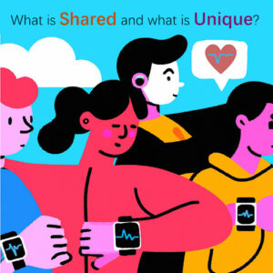 Colorful cartoon of four runners wearing smart watches, monitoring heart rate. A caption above the runners says, “What is shared and what is unique?”