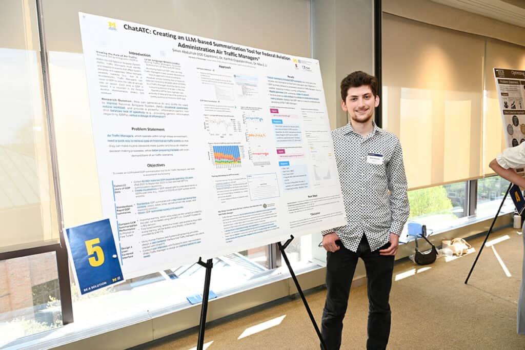 One person stands in front of a research poster titled "Chat ATC"