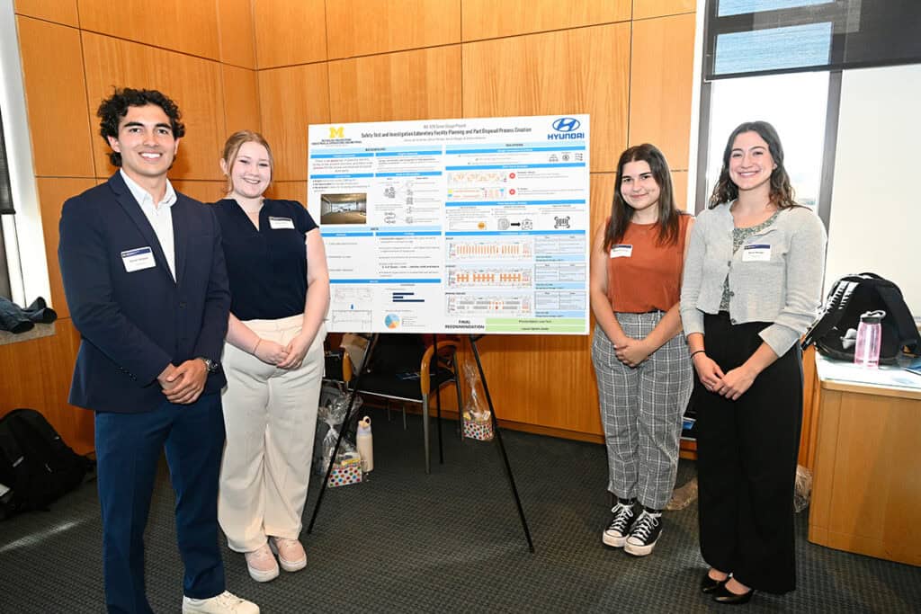 Four people stand in front of a research poster for Hyundai 