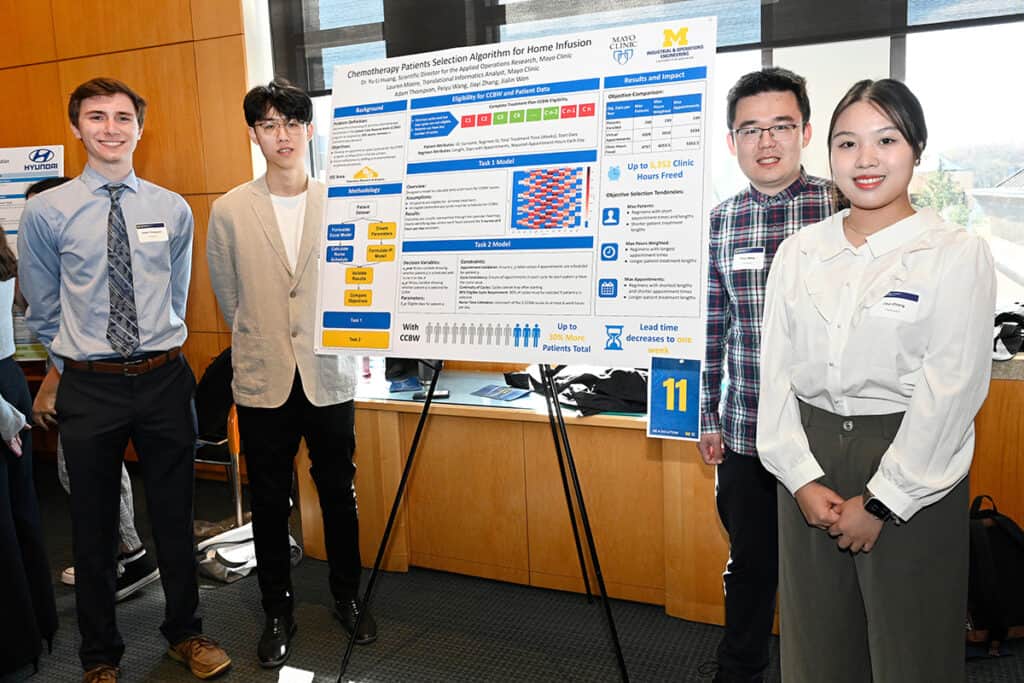 Four people stand in front of a research poster for Mayo Clinic
