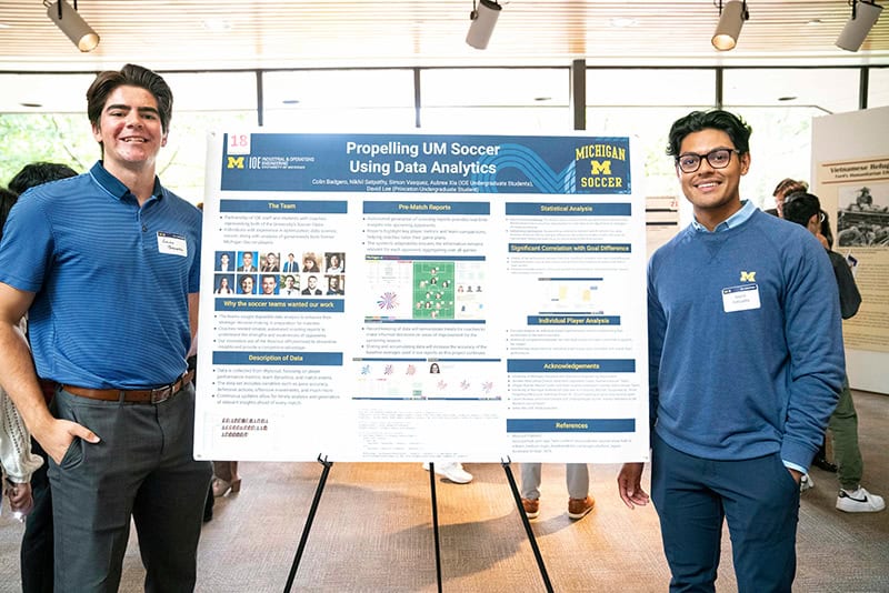 Two men stand in front of reseach poster titled "Propelling U-M Soccer Using Data Analytics"