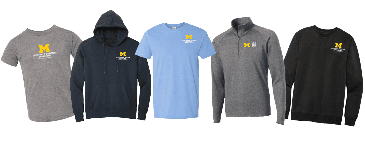 Five pieces of clothing branded with the U-M IOE logo.